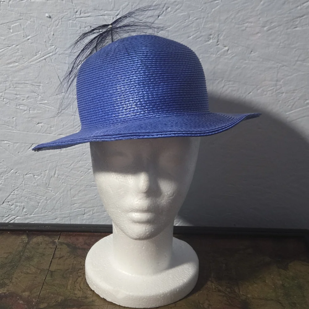 Vintage Periwinkle Straw Bowler Hat With Feathers - Picture 1 of 8